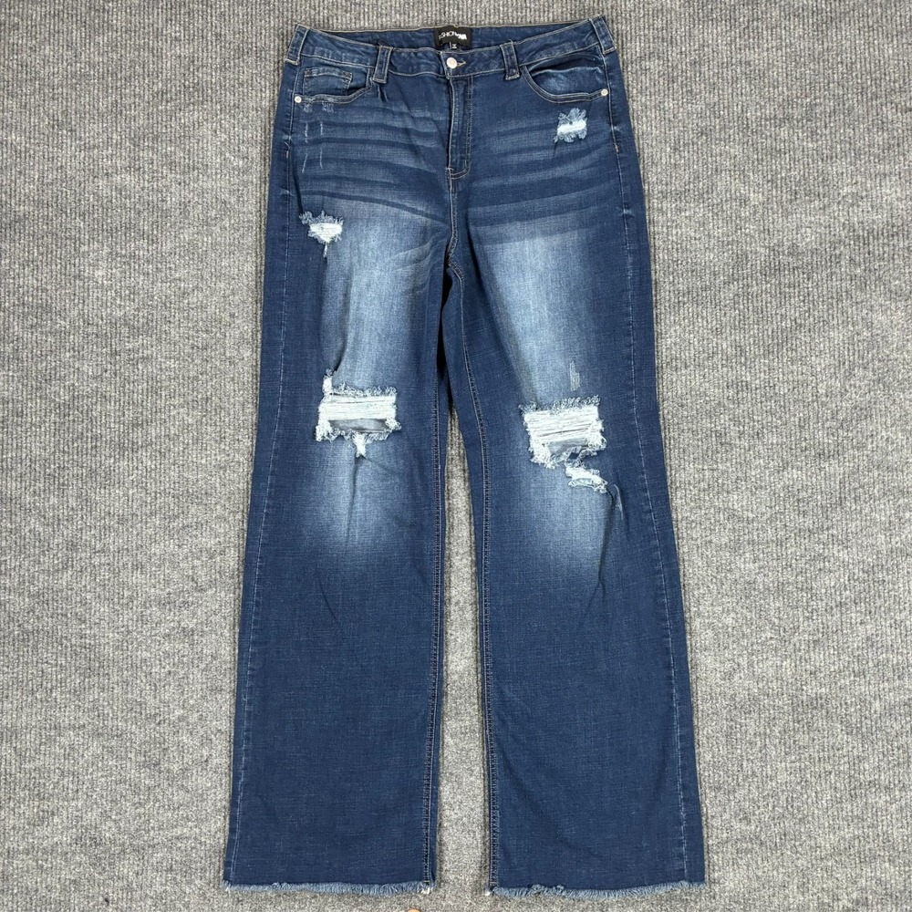 Fashion Nova Womens Distressed Wide Leg Jeans Size 16 Raw Hem Blue Denim